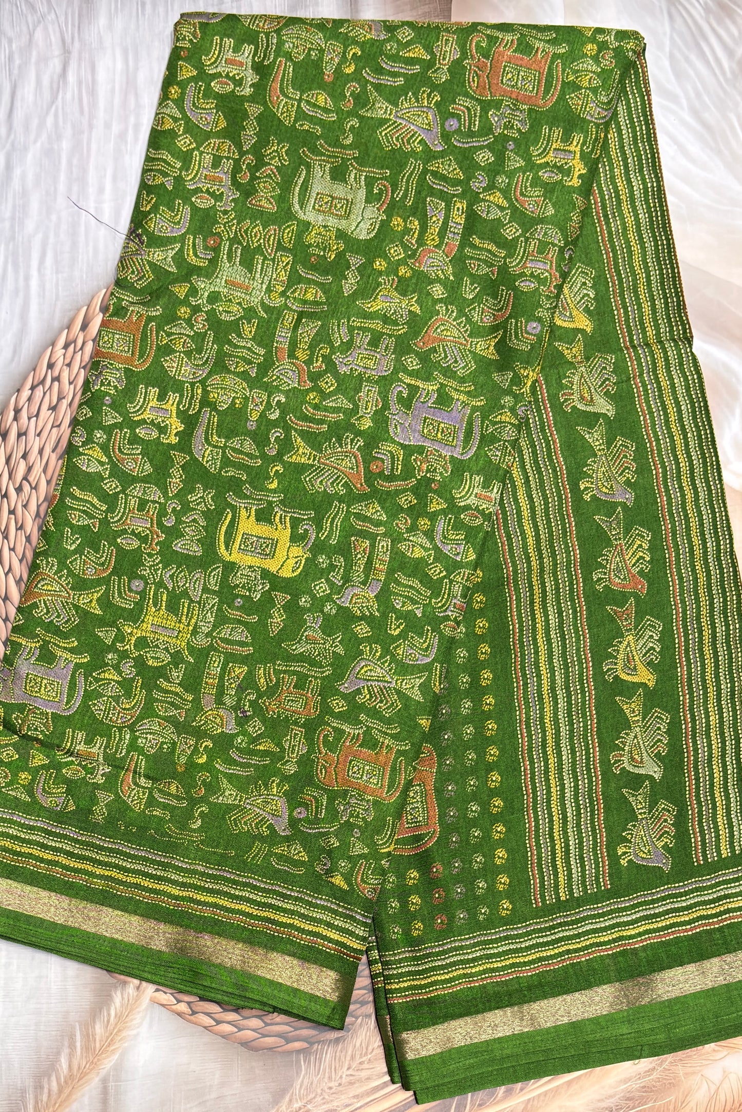 Madhubani Printed Silk | Parrot Green | PPS22
