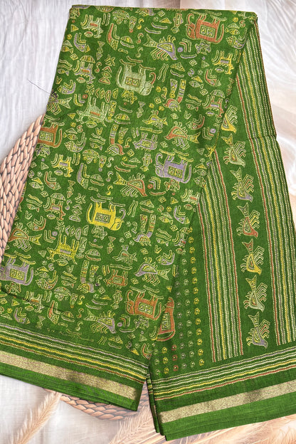 Madhubani Printed Silk | Parrot Green | PPS22