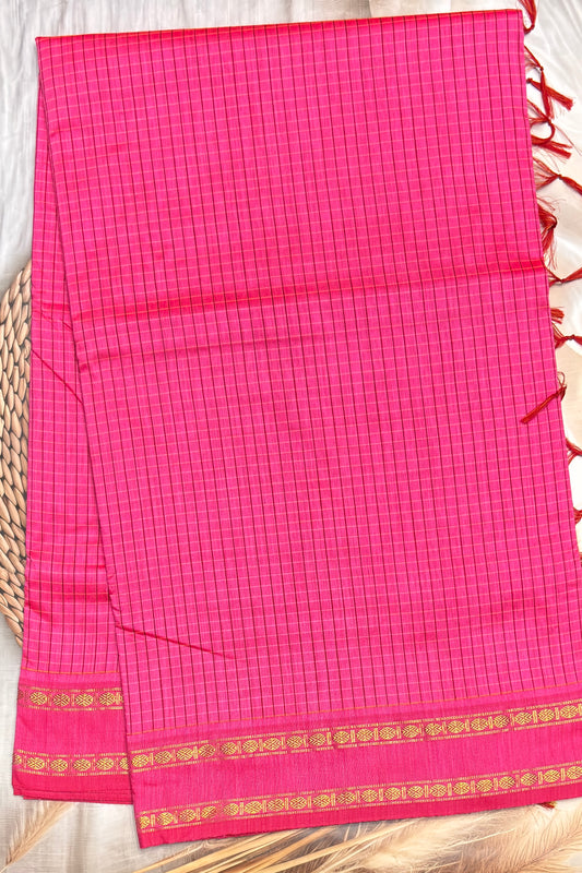 Premium Gadwal Cotton Saree – Vintage  Checks With Rettapet Border  | Rose | MGC23