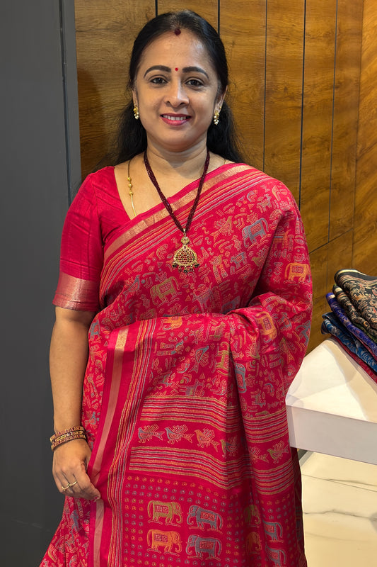 Madhubani Printed Silk | Dark Rose | PPS18