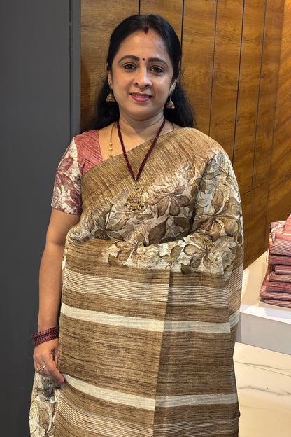 Jute Linen Saree |  Gold with Cream | MBJL08