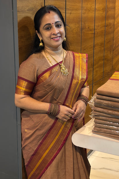 Meenakshi -Premium Kanchi Cotton Saree–Dark Gold With Maroon|MCK51