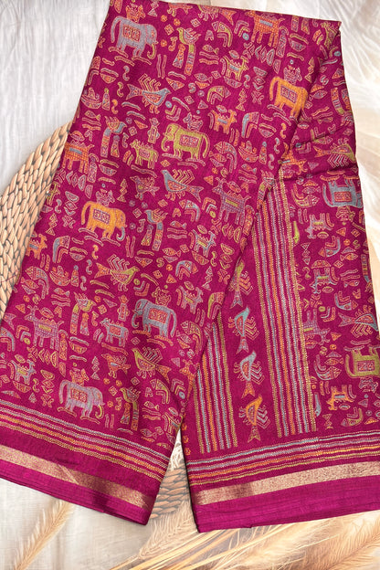 Madhubani Printed Silk | Purple (Majenta Pink) | PPS16