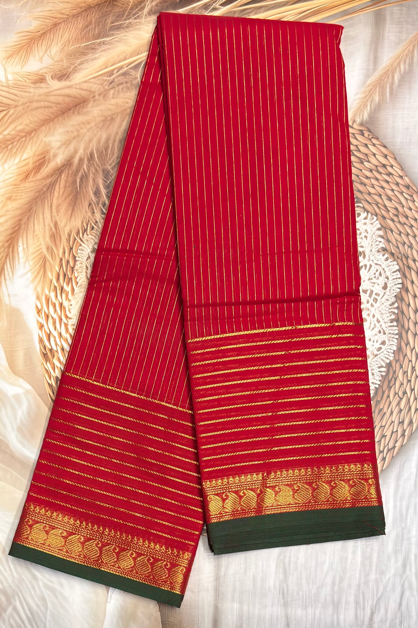 Meenakshi -Premium Kanchi Cotton Saree – Vaira Oosi | Red Green – MCK32