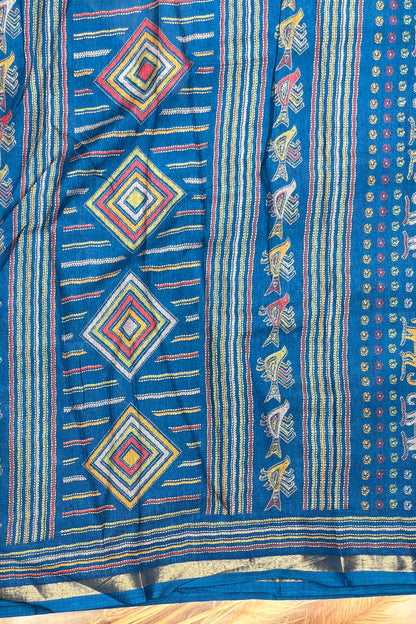 Madhubani Printed Silk | Anandha Blue | PPS21