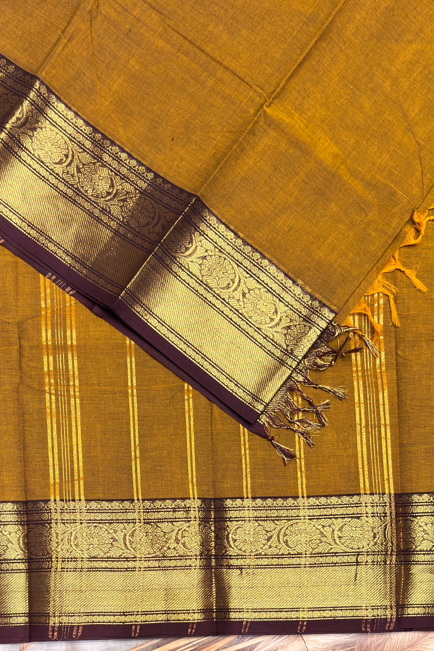 Meenakshi -Premium Kanchi Cotton Saree– Mustard With Coffee | MCK65