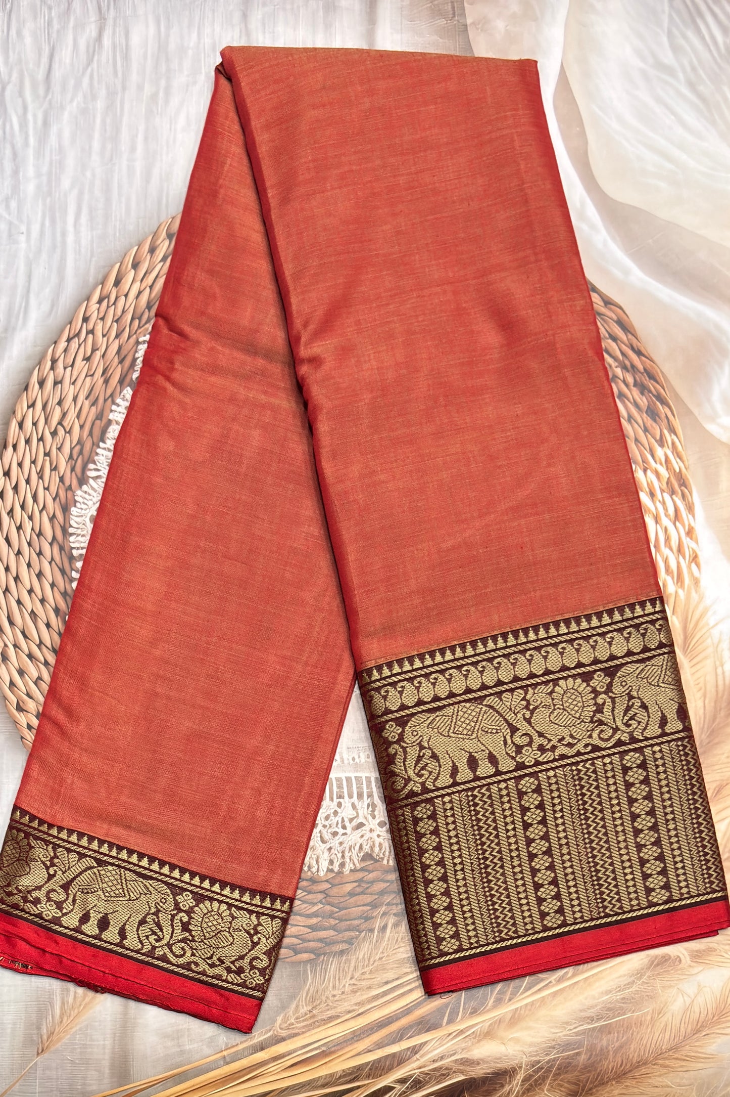 Narayanpet Cotton Saree – Elephant Thread Weave Border with Striped Pallu-MNC09-Peach