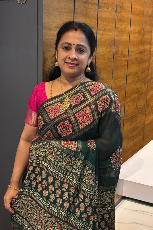 Premium Georgette Saree | Ajrak Foil | Green | MBPG17