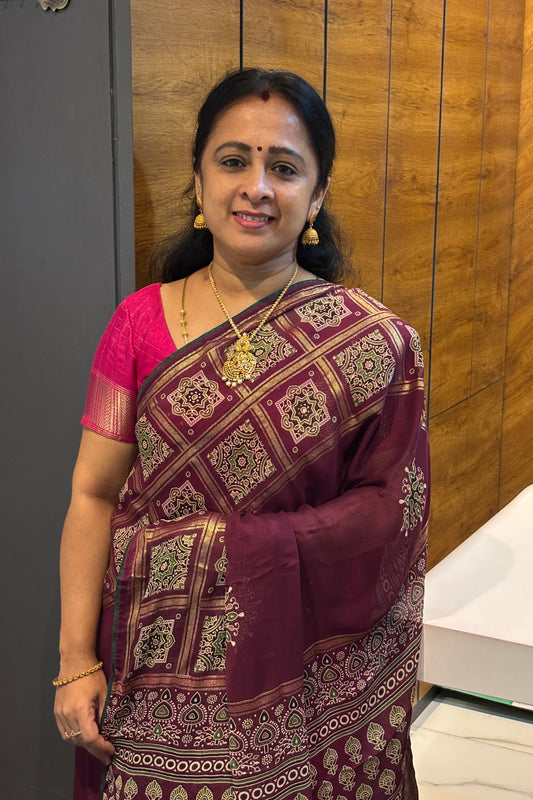 Premium Georgette Saree | Ajrak Foil | Wine | MBPG15