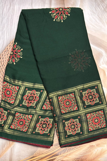 Premium Georgette Saree | Ajrak Foil | Green | MBPG17