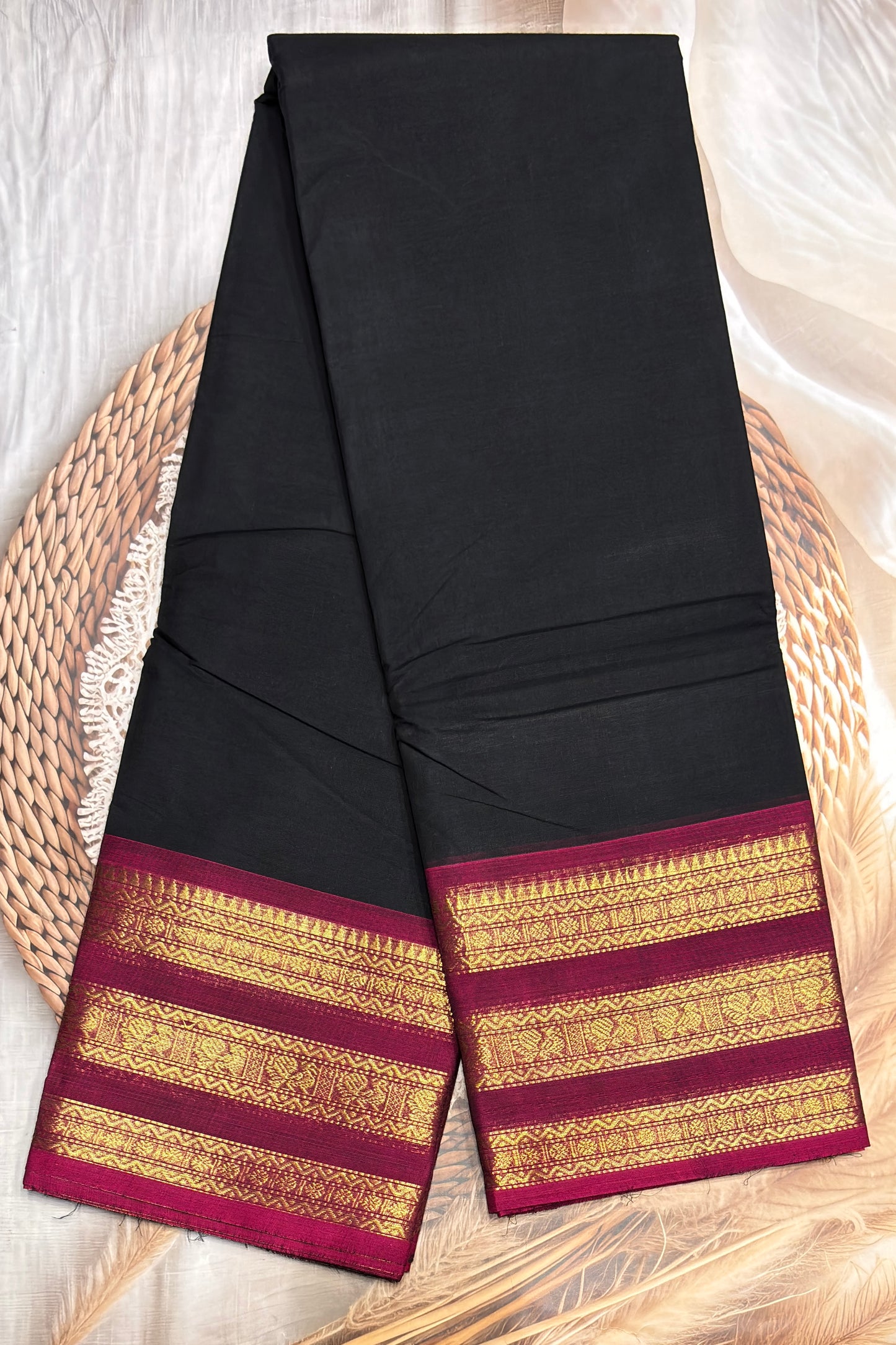 Meenakshi -Premium Kanchi Cotton Saree–Black / Majenta Pink | MCK105