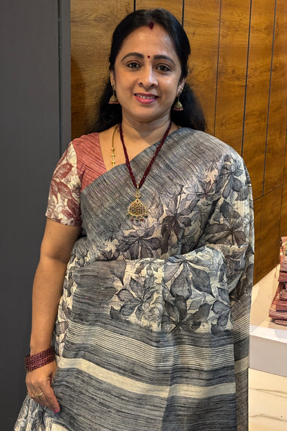 Jute Linen Saree |Grey with Cream | MBJL07