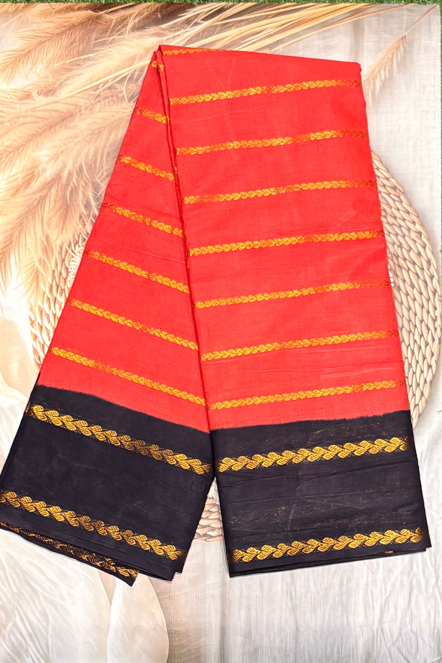 Premium Velthari Sungudi Cotton Saree  | Coral Red with Dark Purple | SC26