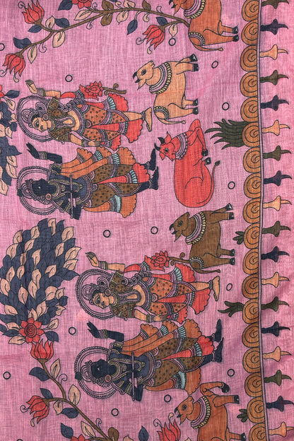 Premium Linen Cotton |Peacock Blue with Pink  |MBLC39