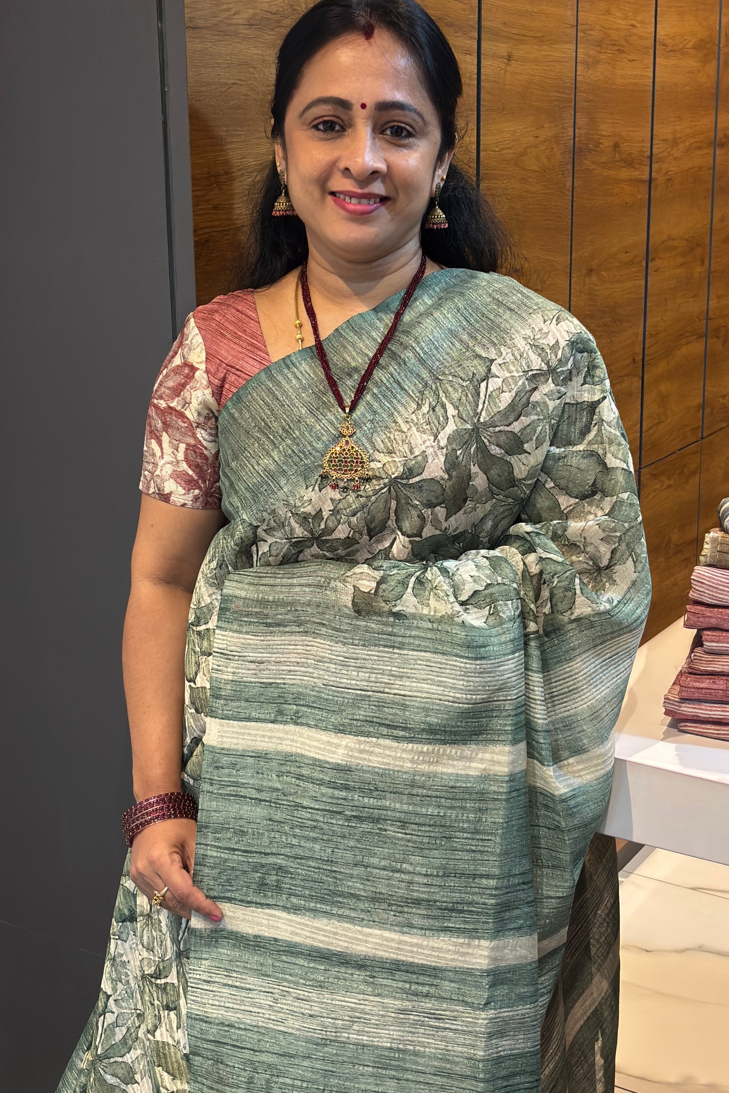 Jute Linen Saree | Sea Green with Cream | MBJL06