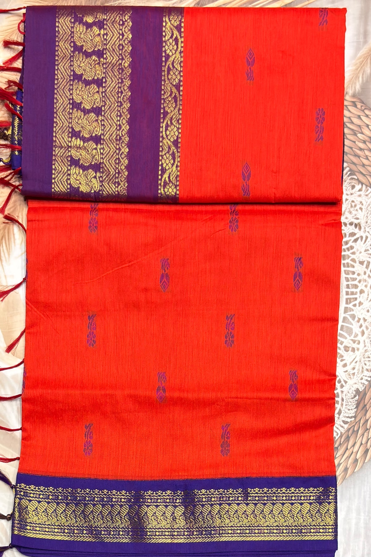 Kalyani Cotton Butta | Orange with Violet |KCBU10
