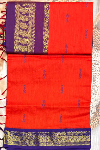Kalyani Cotton Butta | Orange with Violet |KCBU10