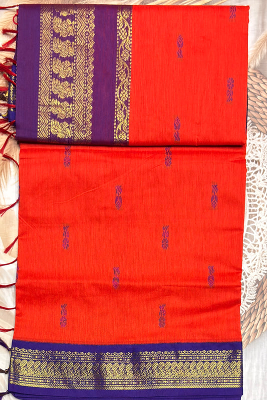 Kalyani Cotton Butta | Orange with Violet |KCBU10