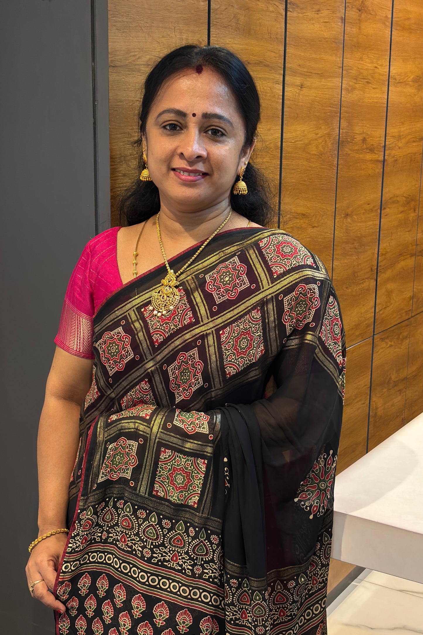 Premium Georgette Saree | Ajrak Foil | Black | MBPG13