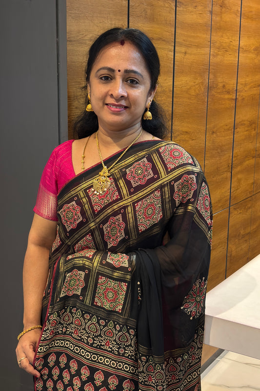 Premium Georgette Saree | Ajrak Foil | Black | MBPG13