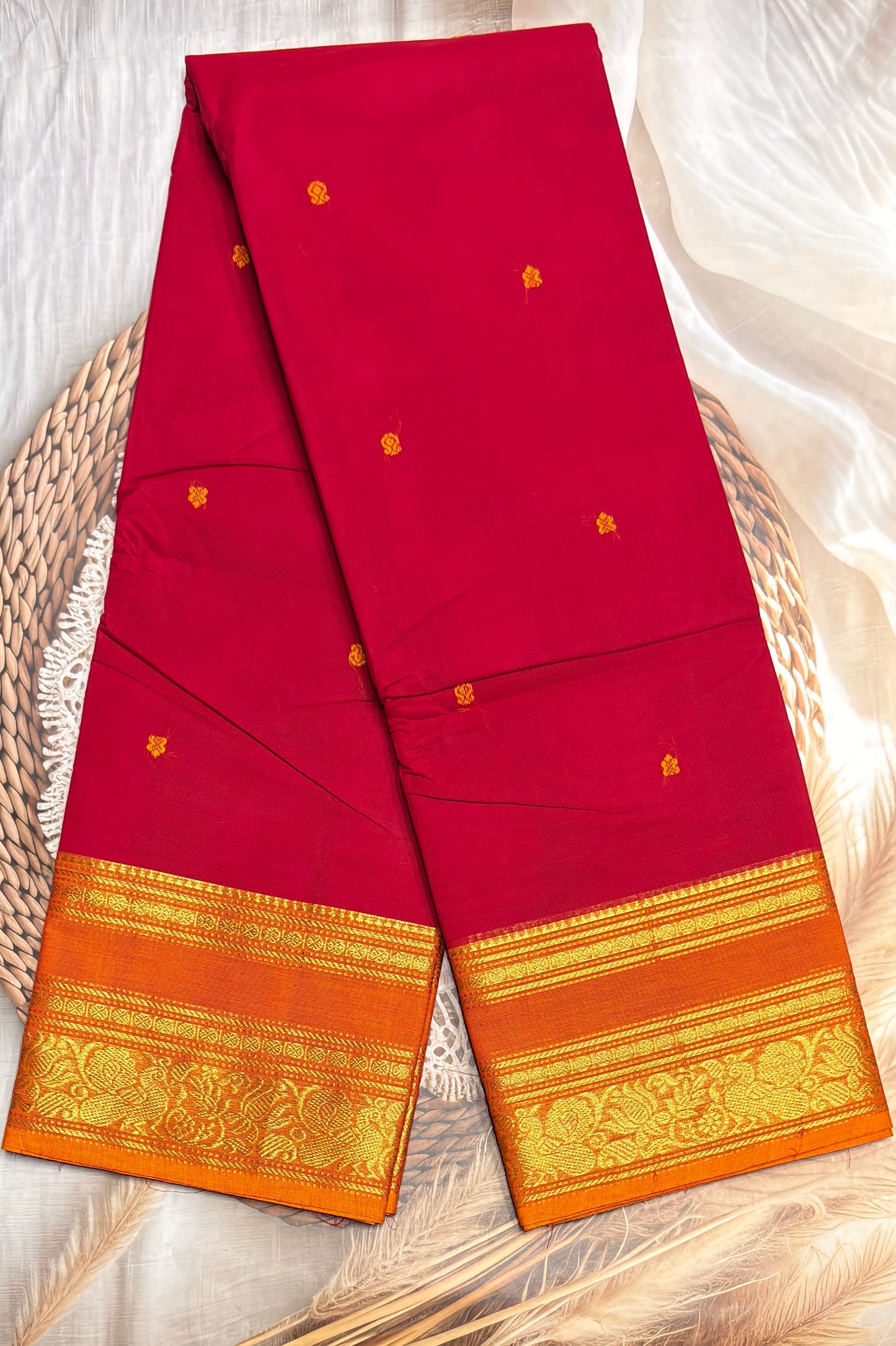 Meenakshi -Premium Kanchi Cotton Saree - Red with  Yellow | MCK115