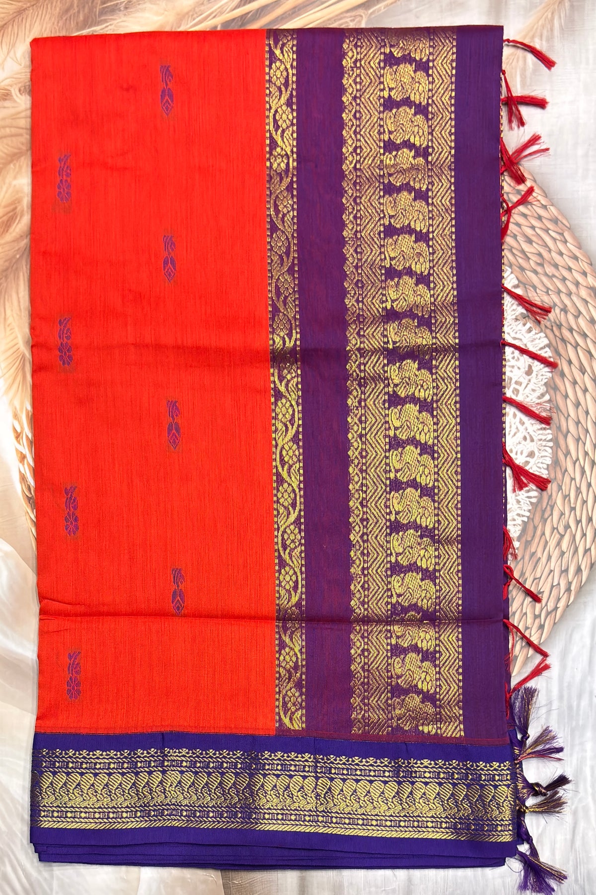 Kalyani Cotton Butta | Orange with Violet |KCBU10