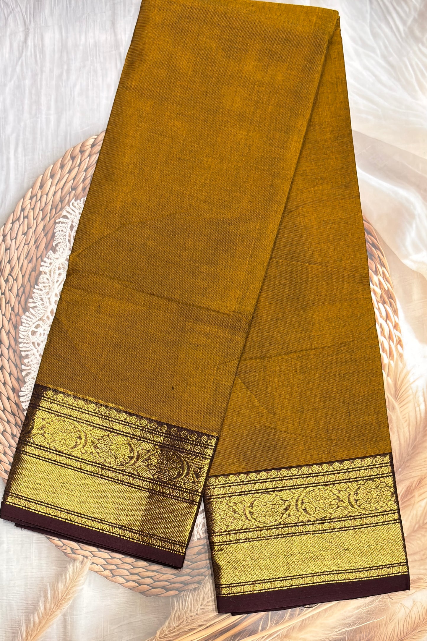 Meenakshi -Premium Kanchi Cotton Saree– Mustard With Coffee | MCK65