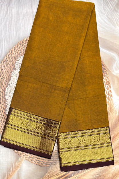 Meenakshi -Premium Kanchi Cotton Saree– Mustard With Coffee | MCK65