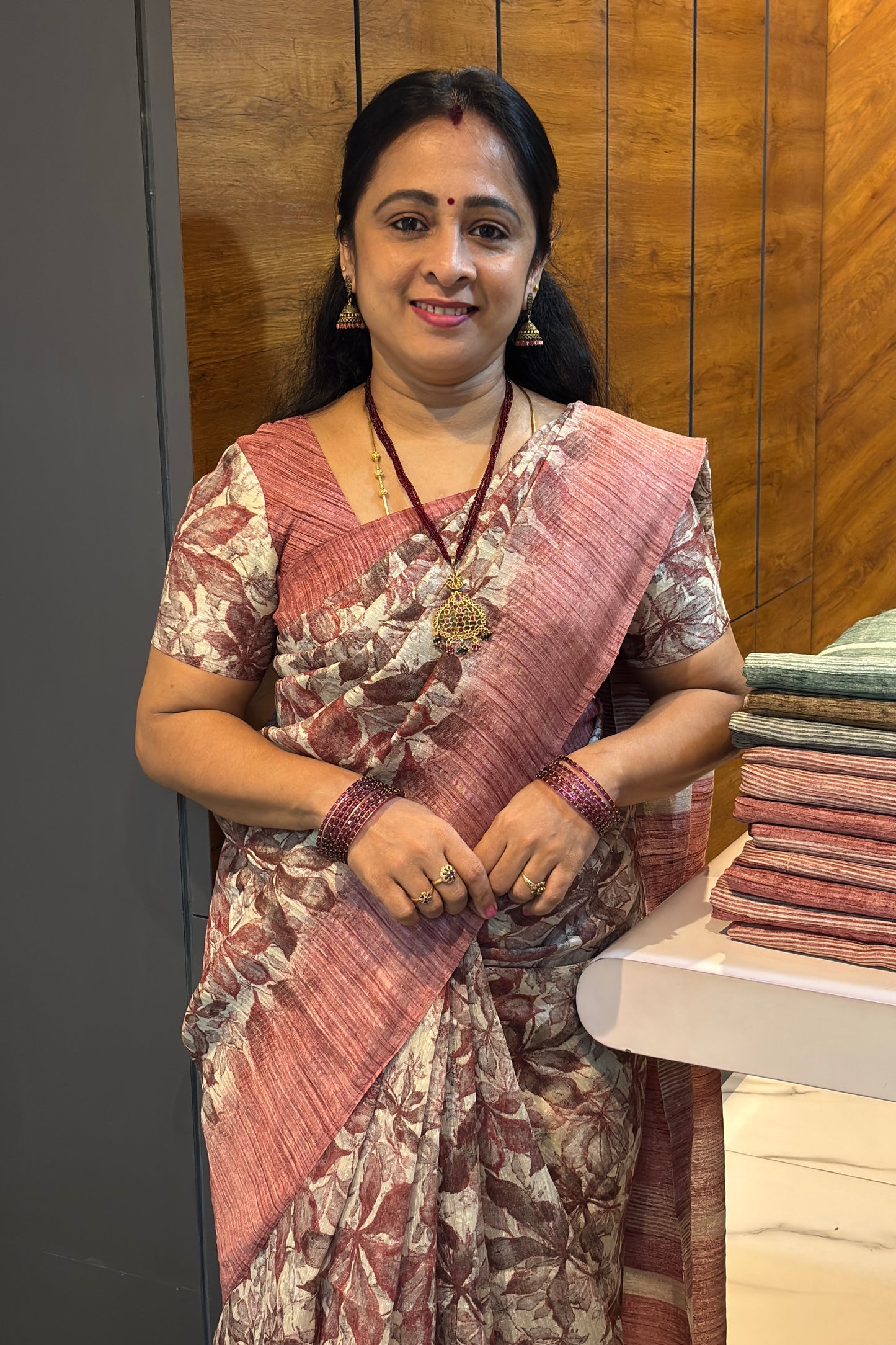Jute Linen Saree | Onion with Cream | MBJL05