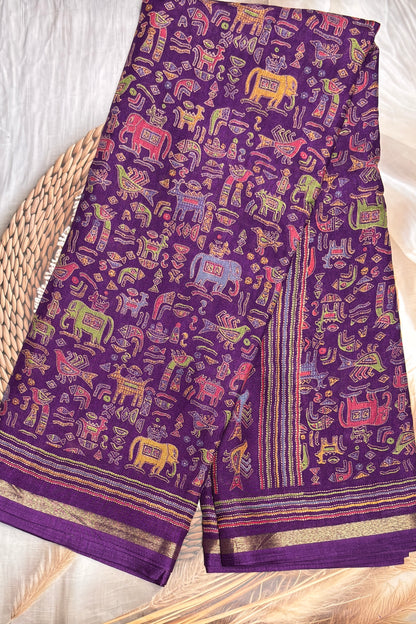 Madhubani Printed Silk | Brinjal Violet |PPS19