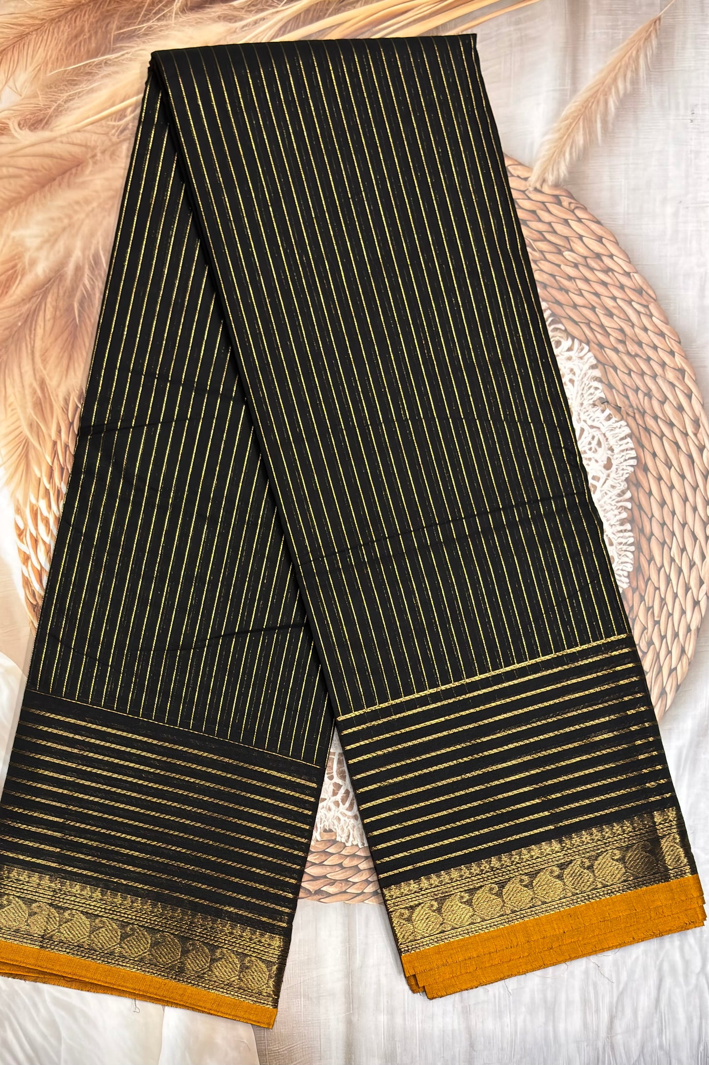 Meenakshi- Premium Kanchi Cotton Saree – Vaira Oosi | Black Mustard – MCK31