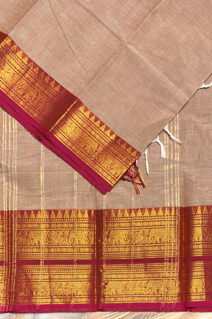 Meenakshi -Premium Kanchi Cotton Saree - Cream   With Rose | MCK87