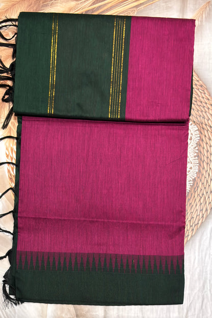 New Gen Kalyani Cotton Tower Border| Magenta Pink With Green | KCSM16