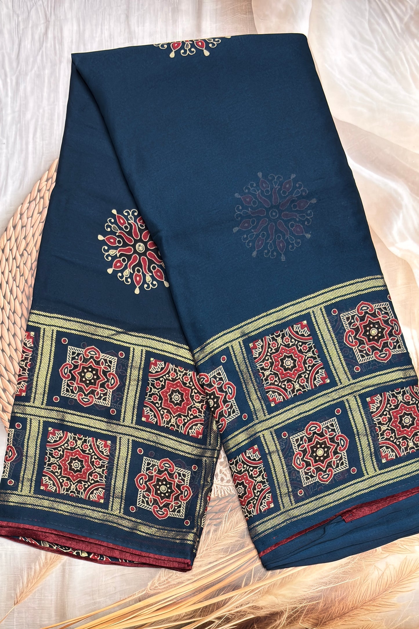 Premium Georgette Saree | Ajrak Foil | Peacock Blue | MBPG16