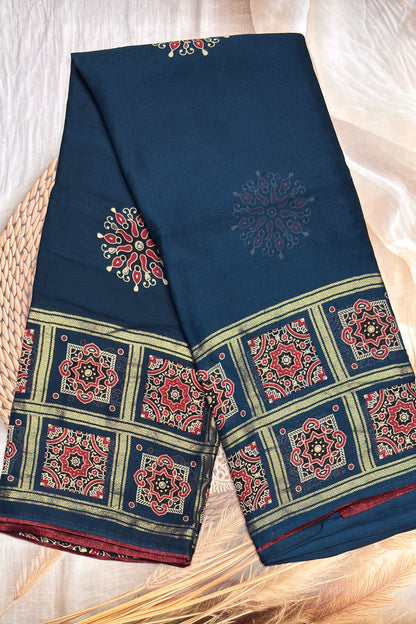 Premium Georgette Saree | Ajrak Foil | Peacock Blue | MBPG16