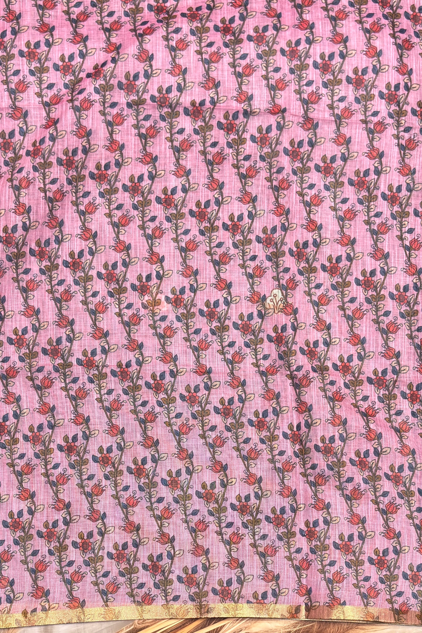 Premium Linen Cotton |Peacock Blue with Pink  |MBLC39