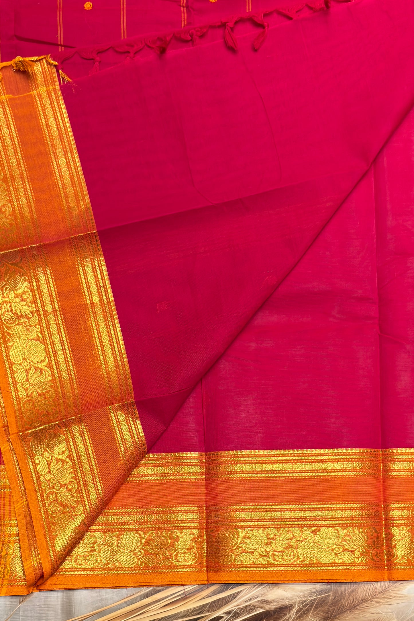 Meenakshi -Premium Kanchi Cotton Saree -Kumkum Rose with  Yellow | MCK116