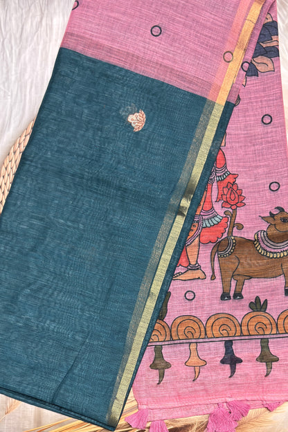 Premium Linen Cotton |Peacock Blue with Pink  |MBLC39