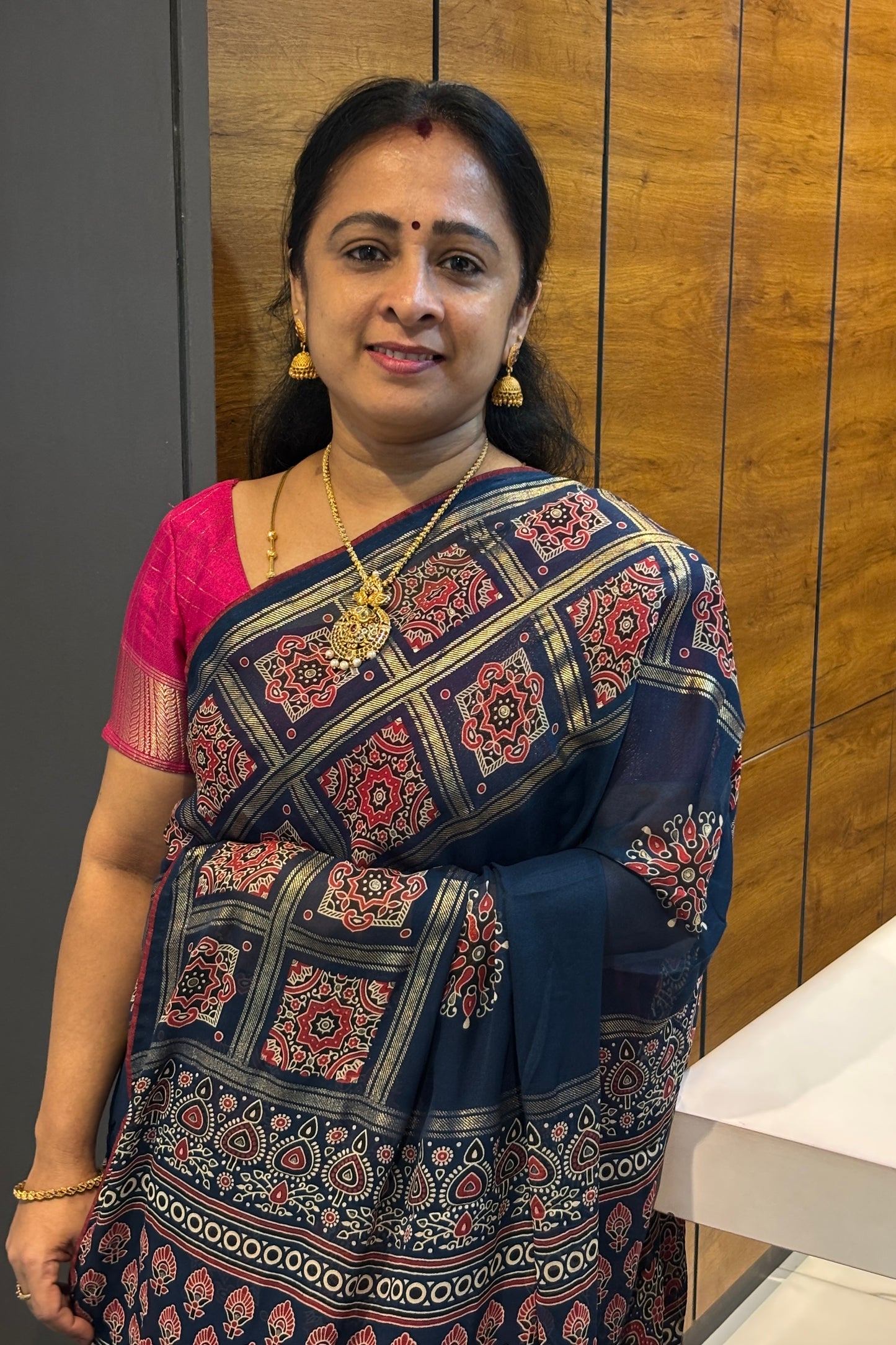 Premium Georgette Saree | Ajrak Foil | Peacock Blue | MBPG16