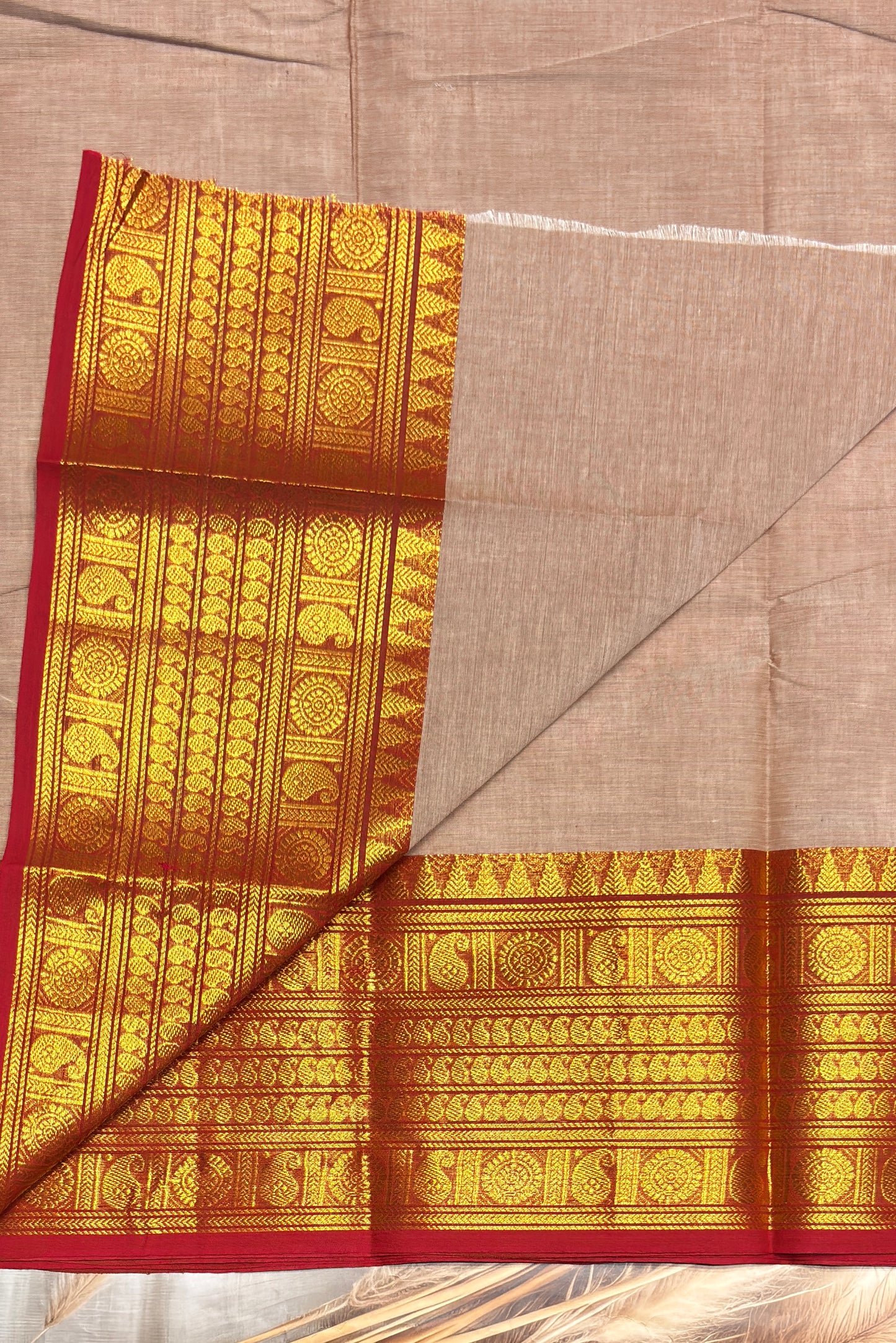Meenakshi -Premium Kanchi Cotton Saree–Cream with Red|MCK90