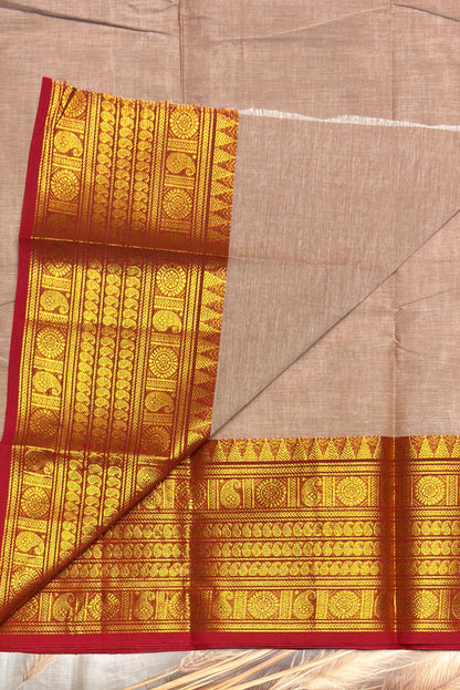 Meenakshi -Premium Kanchi Cotton Saree–Cream with Red|MCK90
