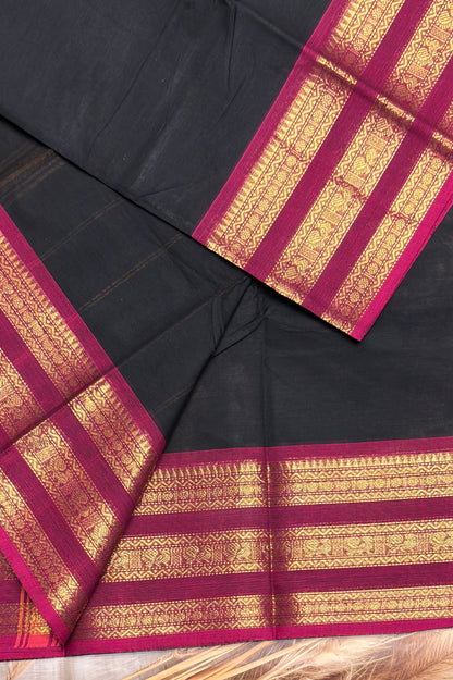 Meenakshi -Premium Kanchi Cotton Saree–Black / Majenta Pink | MCK105