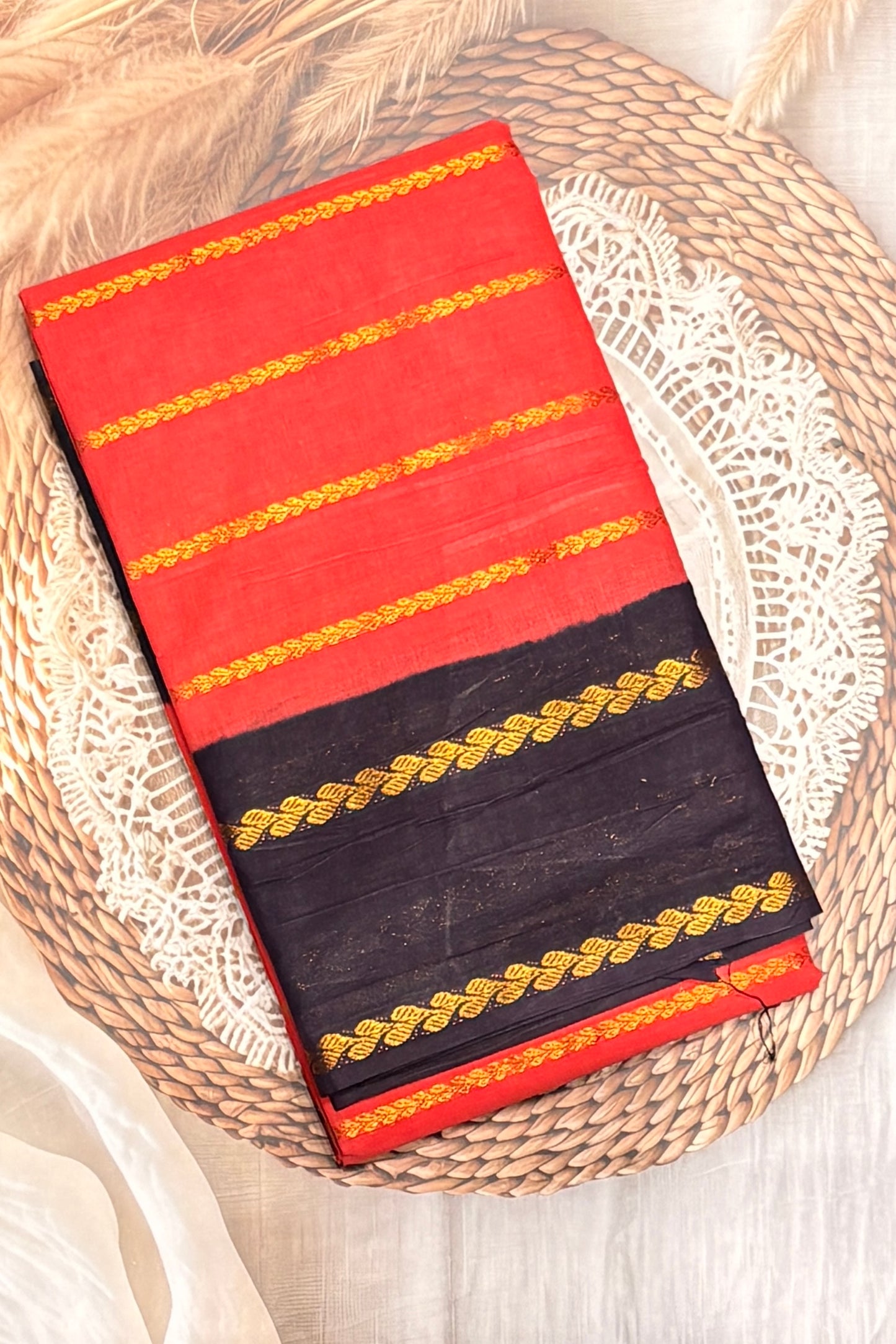 Premium Velthari Sungudi Cotton Saree  | Coral Red with Dark Purple | SC26