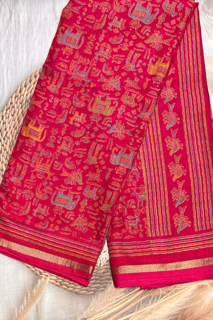 Madhubani Printed Silk | Dark Rose | PPS18