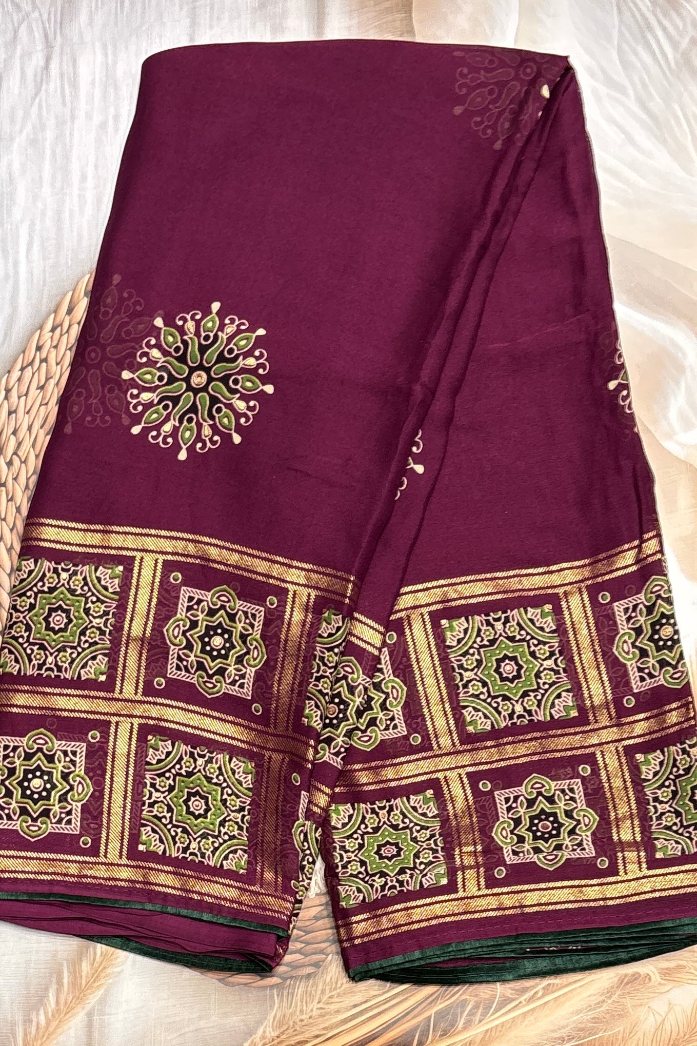 Premium Georgette Saree | Ajrak Foil | Wine | MBPG15