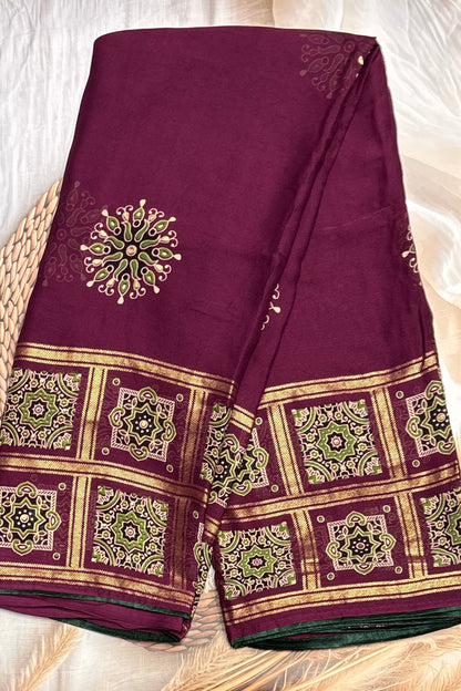 Premium Georgette Saree | Ajrak Foil | Wine | MBPG15