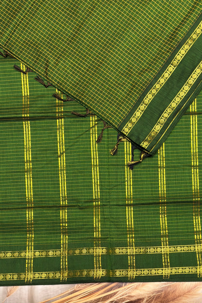 Premium Gadwal Cotton Saree – Vintage  Checks With Rettapet Border  | Mehendi Green| MGC22