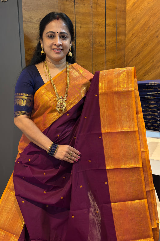 Meenakshi -Premium Kanchi Cotton Saree–Purple / Mustard Dual Tone| MCK104