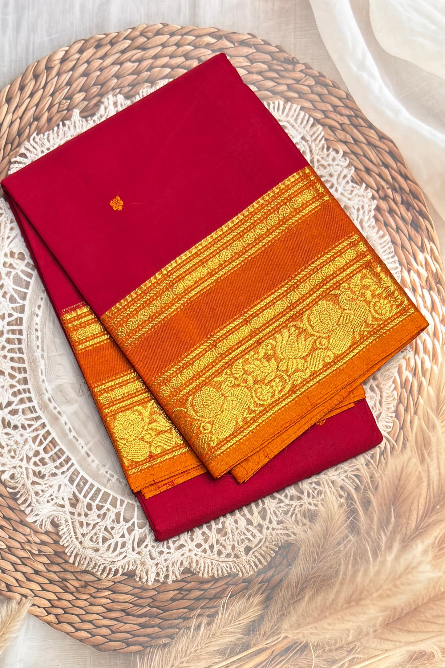 Meenakshi -Premium Kanchi Cotton Saree - Red with  Yellow | MCK115