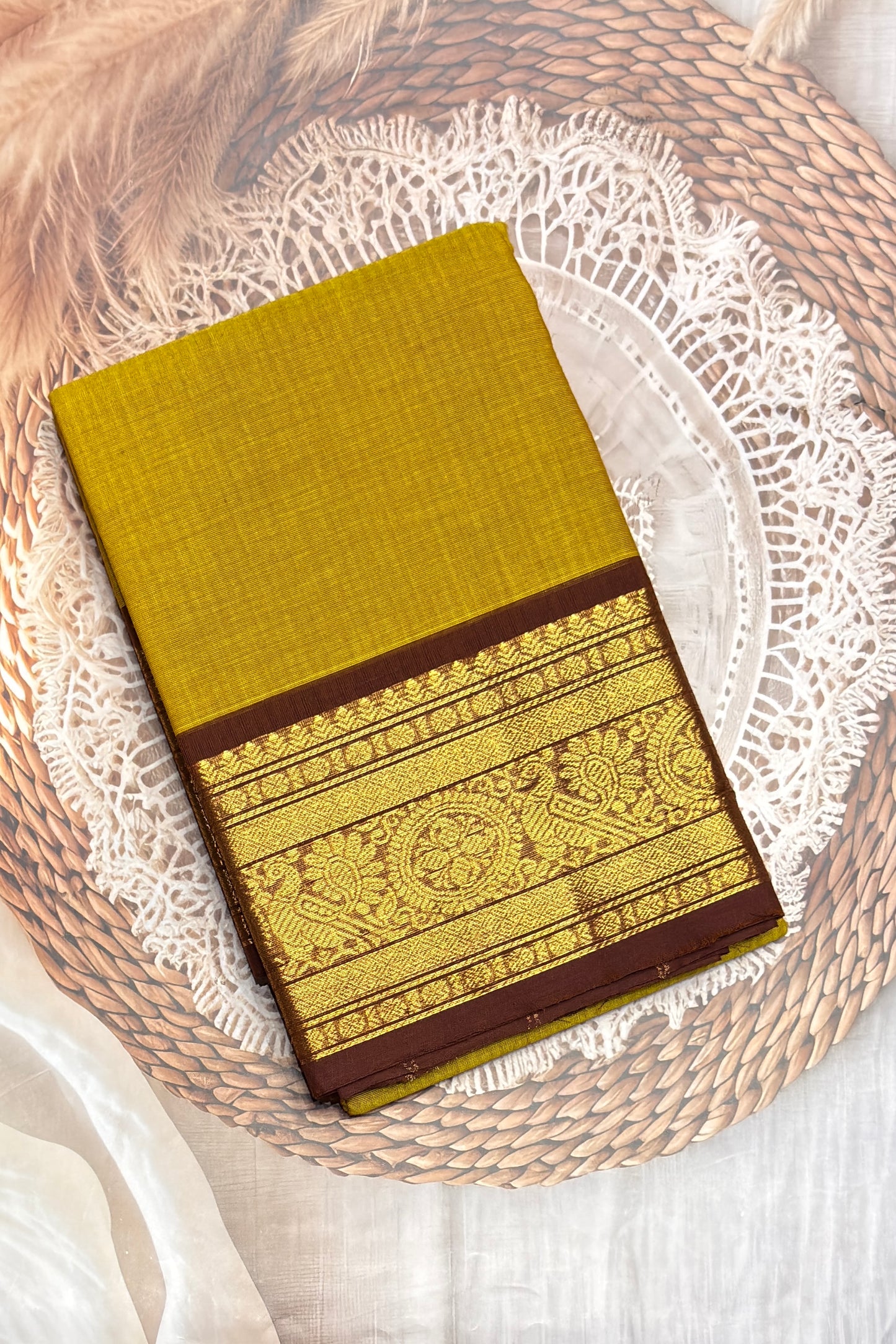 Meenakshi -Premium Kanchi Cotton Saree - Lemon Yellow with Coffee  | MCK118